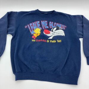 Vintage 90s Looney Tunes Sylvester & Tweety Leave Me Alone Blue Sweatshirt READ
